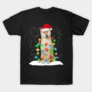 Shiba Inu Christmas Santa Hat Xmas Tree Color Lights T-Shirt